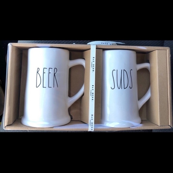 Rae Dunn White Ceramic BEER And SUDS Steins Mugs - Picture 1 of 2